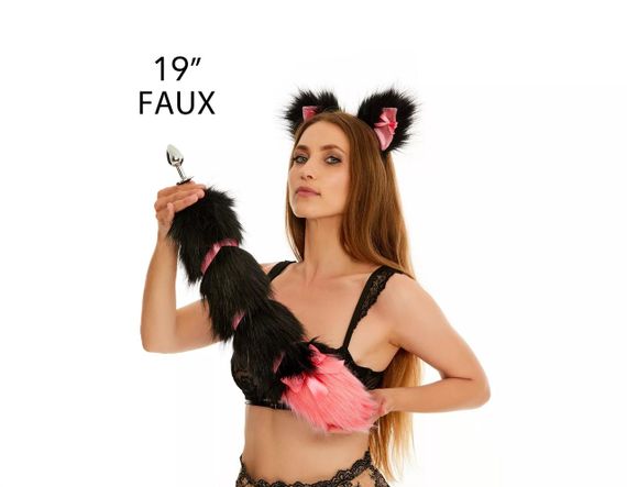 Анальний хвіст зі стрічкою без пробки, Чорний з яскраво-рожевим кінчиком, OKOVA 50 см. sexstyle