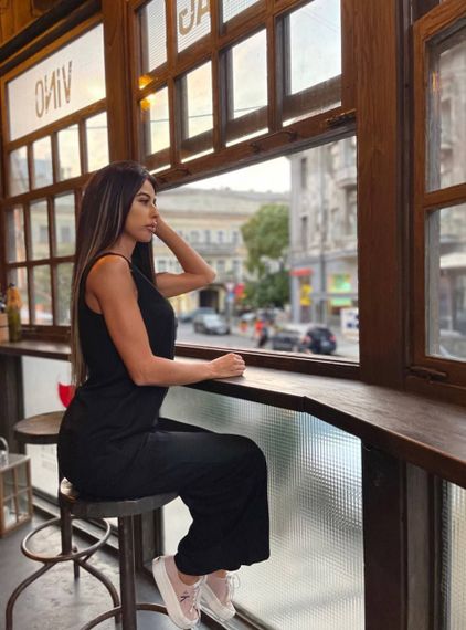 Женский летний брючный костюм с топом лен-жатка DK213 цвет черный, размер 46/48 | Зображення 1