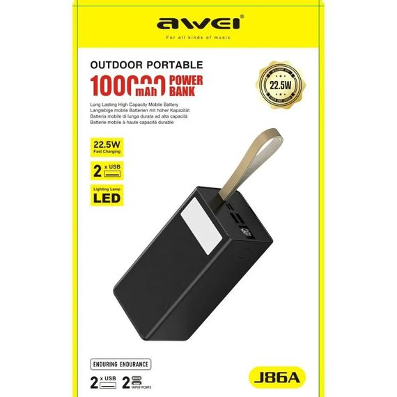 Power Bank Awei J86A 100000mAh чорний • Повербанк Awei J86A 100000mAh 22.5W зі швидким заряджанням PD/QC і LED-дисплеєм | Зображення 5