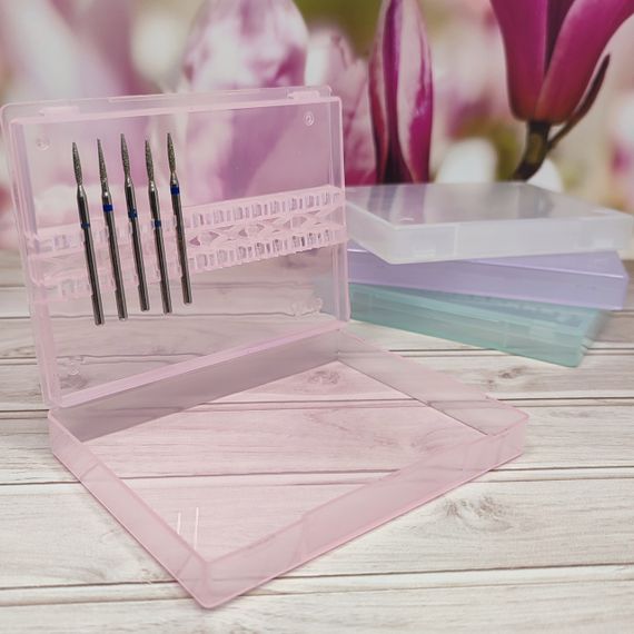 Розовый плоский бокс для хранения фрез (на 14шт)