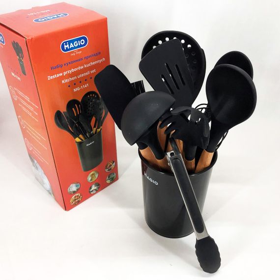 Кухонные аксессуары силикон Magio, Кухонный набор з подставкой, Набор кухонной утвари силикон HC-44 | Зображення 7
