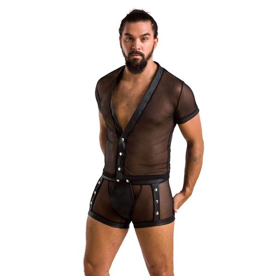 Комплект сітчастої чоловічої білизни Passion 052 SET MICHAEL 2XL/3XL black сорочка, боксери заклепки | Зображення 2