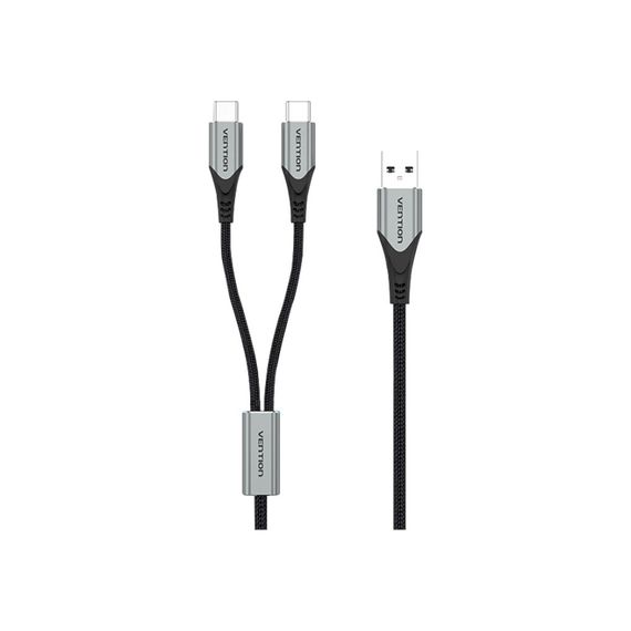 Дата кабель USB 2.0 AM to 2хUSB-C M 1.0m Y-Splitter Charging Cable 2.4А 480Mbps Aluminum Al Vention (CQOHF) | Зображення 1