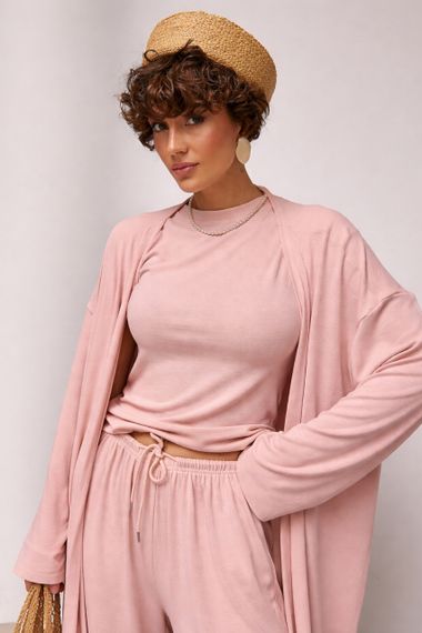 Легкий костюм із довгого кардигана, футболки та широких штанів - пудра цвет, ONE SIZE (є розміри) | Зображення 1