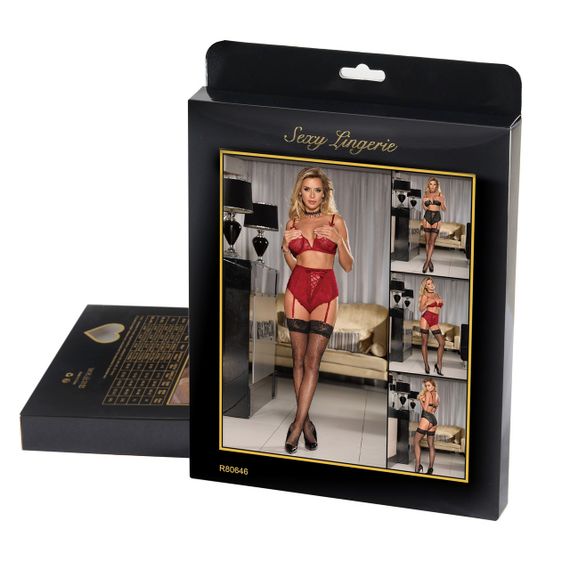 Черный кружевной бюстье с открытой грудью Star Night и трусики с подвязками для чулок, M Sex Aura | Зображення 3