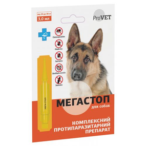 Капли на холку ProVet "Мега Стоп" для собак 20-30 кг (1 пипетка*3мл) от внешних и внутренних паразитов
