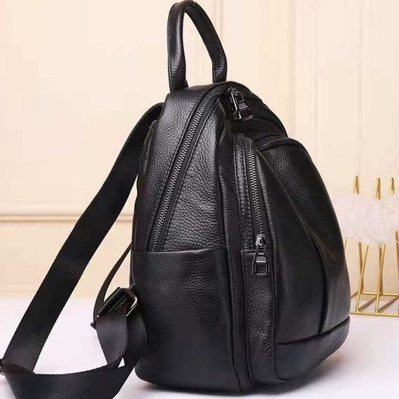 Шкіряний жіночий міський рюкзак на блискавці 23х29х13, сумка наплічна для прогулянок, чорна | Зображення 3