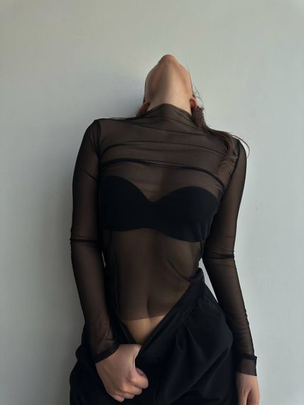 Женский лонгслив-кофта из сетки с вырезом для пальца прозрачный черный, размер 40/44 SH270 | Зображення 5