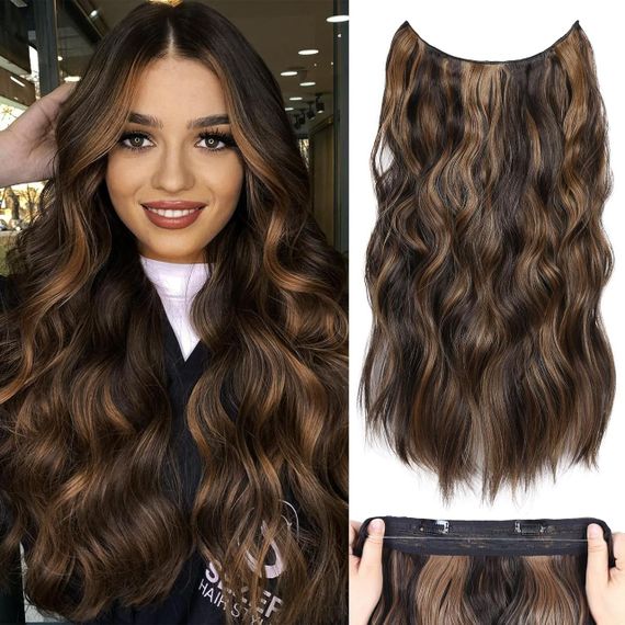 Накладные пряди на невидимой ленте клипсах 50см каштановые, волосы коричневые с карамельным мелированием
