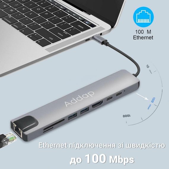 Мультифункциональный USB Type-C хаб Addap MH-04, 8 в 1: HDMI/HDTV + PD + USB C + SD + TF + RJ45 | Зображення 6