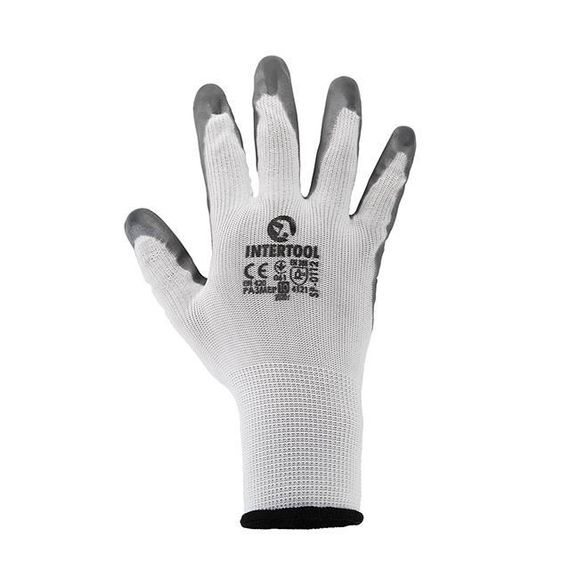Рукавичка трикотажна біла, покрита сірим нітрилом на долоні, 10" INTERTOOL SP-0112 | Зображення 1