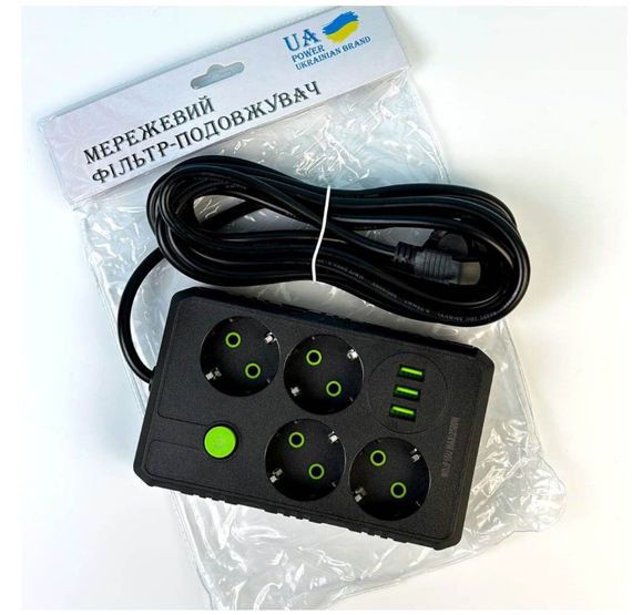 Подовжувач UA Power F15U на 4 розетки, 3USB, 6 м, чорний | Зображення 2