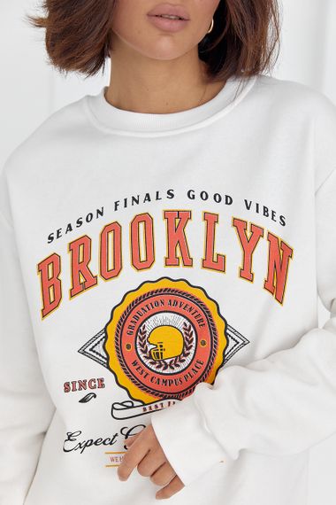Трикотажный свитшот на флисе с надписью Brooklyn - молочный цвет, L (есть размеры) | Зображення 3