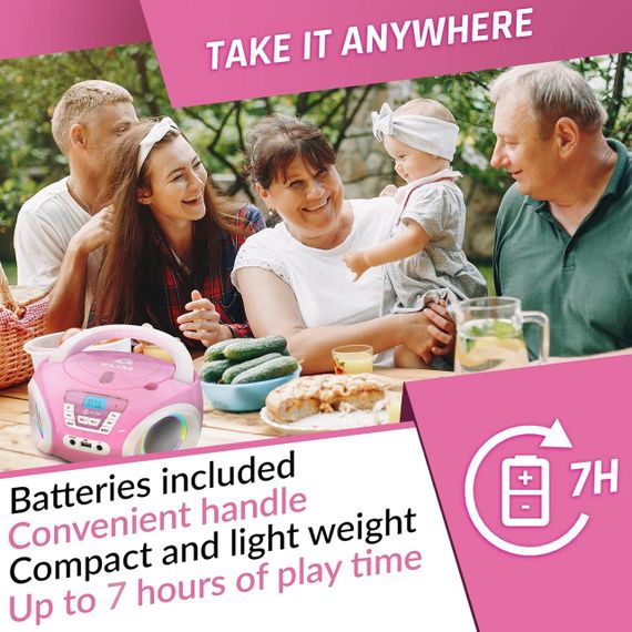 CD-плеєр з FM-радіо, бумбокс портативний з RGB-підсвіткою, USB/AUX, на батарейках Boombox рожевий, програвач компакт-дисків | Зображення 3