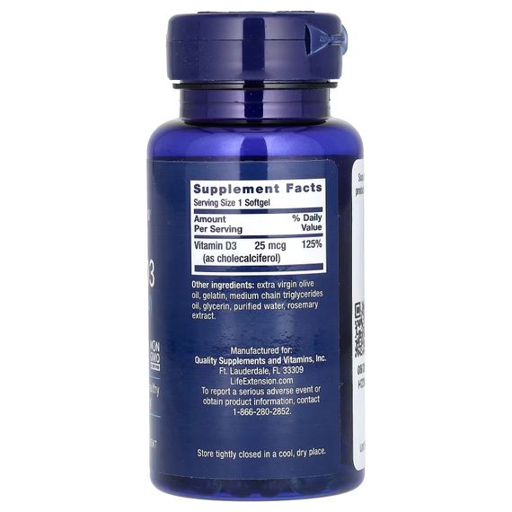 Витамин D3 Life Extension Vitamin D3 1000 IU 250 Softgels | Зображення 1