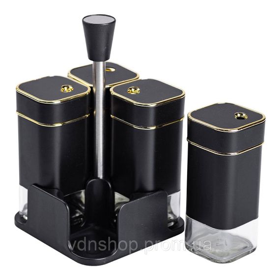 Набір для спецій на підставці 4 предмети 10х10х17 см ємності для приправ 120 мл Чорний HP-1306 | Зображення 2