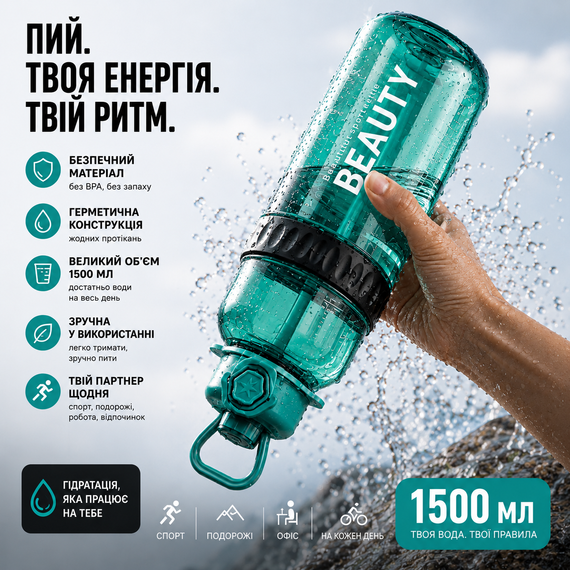 Спортивная бутылка для воды Beauty 1500 мл (1.5 л) с ручкой, трубочкой и ремнем - Зеленая | Зображення 4