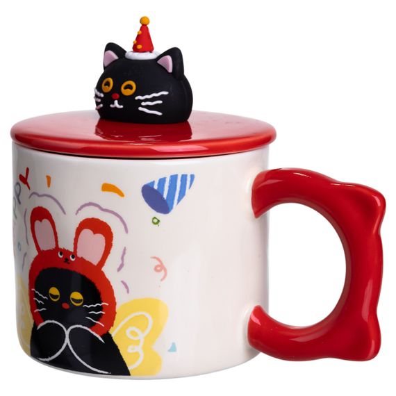 Кубок порцелянова з кришкою Kitten's Birthday 400 (мл) подарункова кружка прикольна чашка для дітей на подарунок Червоний FM-24D | Зображення 2