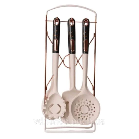 Набір кухонного приладдя на підставці 6 штук кухонні аксесуари Бежевий із чорною ручкою YRUR4