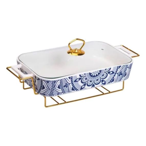 Марміт керамічний із скляною кришкою 38х18.5х15.5 см на металевій підставці 1,5 л | Зображення 1