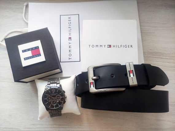 Мужской подарочный набор Tommy часы и кожаный ремень  total black