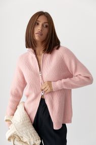 В'язаний кардиган із коміром на блискавці - пудра цвет, ONE SIZE (є розміри)