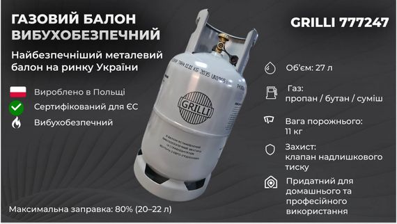 Газовий балон, вибухобезпечний 11кг, 27л. GRILLI 777724 Код: 006652 | Зображення 2