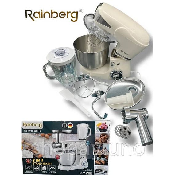 Универсальный кухонный комбайн Rainberg RB-8088 6л мясорубка, блендер 3600Вт Планетарный тестомес White