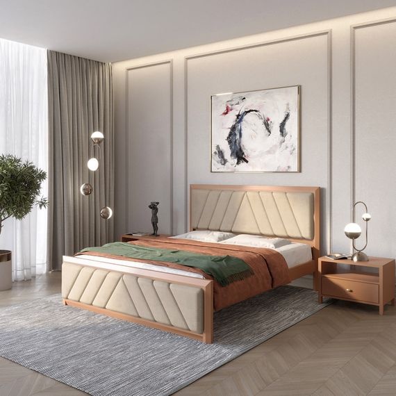 Двоспальне дерев&#039;яне ліжко Mebigrand Барселона Б2 Коричневий (RAL8025)/Аляска 23 (Бежевий) 160х190 см (MBG-12476)