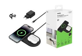 Зарядний пристрій Belkin бездротовий 2в1 15Вт Pad Qi2, чорний (WIZ021VFBK)