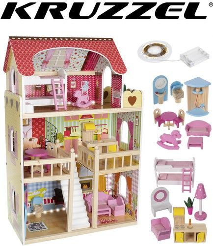 Дерев’яний ляльковий будиночок KRUZZEL XXL до 90 см з LED підсвічуванням та меблями | Зображення 1