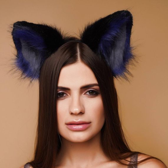 Меховые ушки кошки трехцветные: Черный, синий, серый OKOVA sexstyle