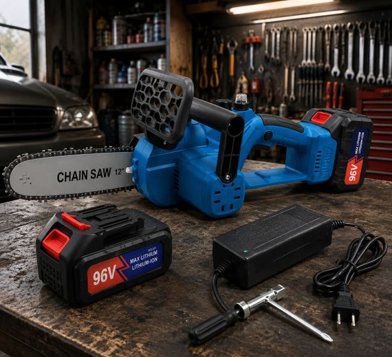 Акумуляторна ланцюгова пилка DOMOTEC Chain Saw 12″ 96V • Садова пилка DOMOTEC Chain Saw 12″ 96V із шиною 300 мм і 2 акумуляторами | Зображення 1