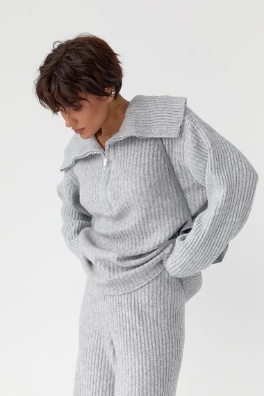 В'язаний костюм із широкими штанами та светром на блискавці - світло-сірий цвет, ONE SIZE (є розміри) | Зображення 2