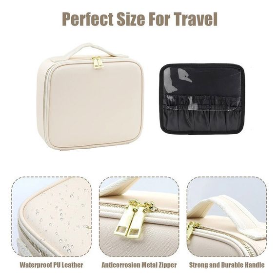 Портативна косметичка органайзер дорожній бьюті кейс з ручкою для з дзеркалом та LED-підсвічуванням бежевий | Зображення 3