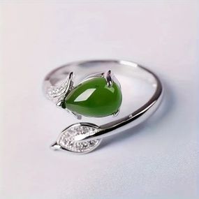 Элегантное женское кольцо с дизайном Листья и капли воды искусственный зеленый нефрит регулируемое серебристое