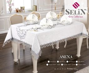 Лляна скатертина з ранером Selin Asena Set 180×350+12 серветок кремова