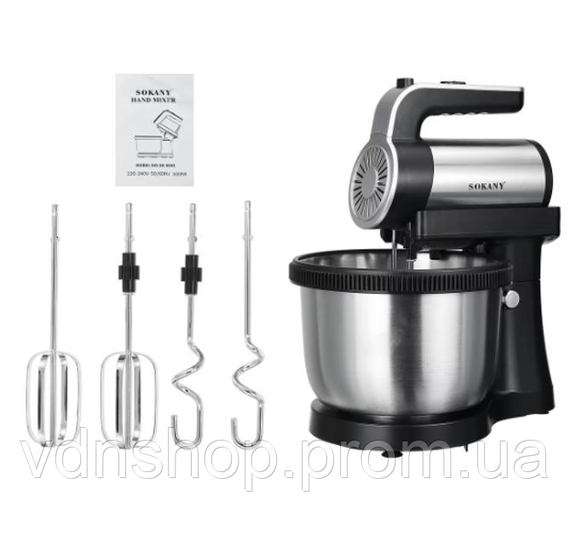 Стаціонарний міксер Sokany з чашею 4 л, 1000 Вт, 5 швидкостей, 2 насадки, віночки та гаки SK-6662 | Зображення 4