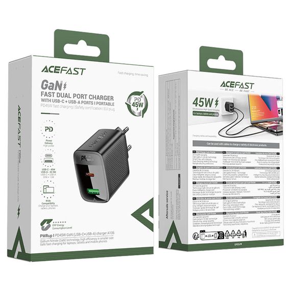 СЗУ Acefast A106 GaN PD45W (1USB-A/1C) Black | Зображення 5