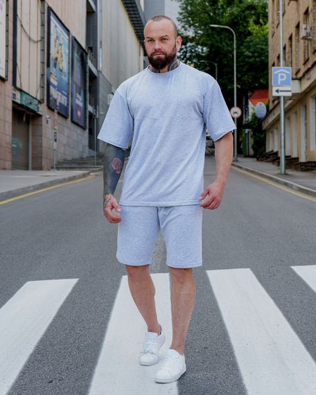 Мужской летний костюм оверсайз с шортами и футболкой BD0023 цвет серый, размер S | Зображення 1