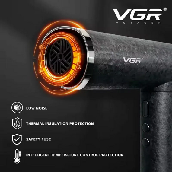 Фен для волос VGR V-640HD профессиональный 110000 RPM, BLDC мотор,ионизация,3 скорости,4 температуры, низкий уровень шума, Черный | Зображення 3
