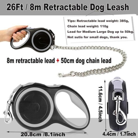 Поводок-рулетка для собак 8 м с цепью против перегрызания, для средних крупных пород, с чехлом для пакетиков | Зображення 3