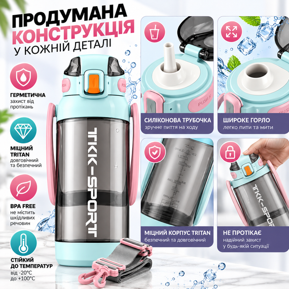 Бутылка для воды TKK 1400 мл бирюзовая спортивная из тритана Tritan BPA Free, с трубочкой, ручкой и ремешком | Зображення 4
