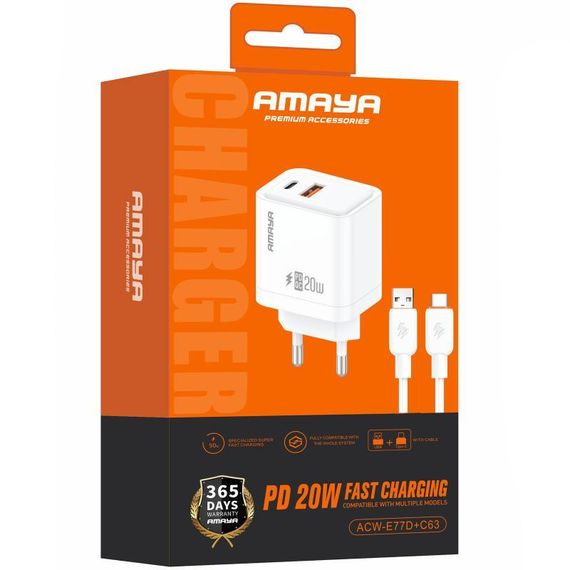 МЗП Amaya E77D PD20W+QC3.0 (1USB-A/1C) + кабель USB to Type-C White | Зображення 1