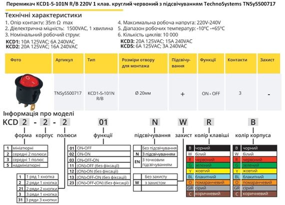 Перемикач KCD1-5-101N R/B 220V 1 клавіша червона кругла з підсвічуванням Ny95500717 | Зображення 1
