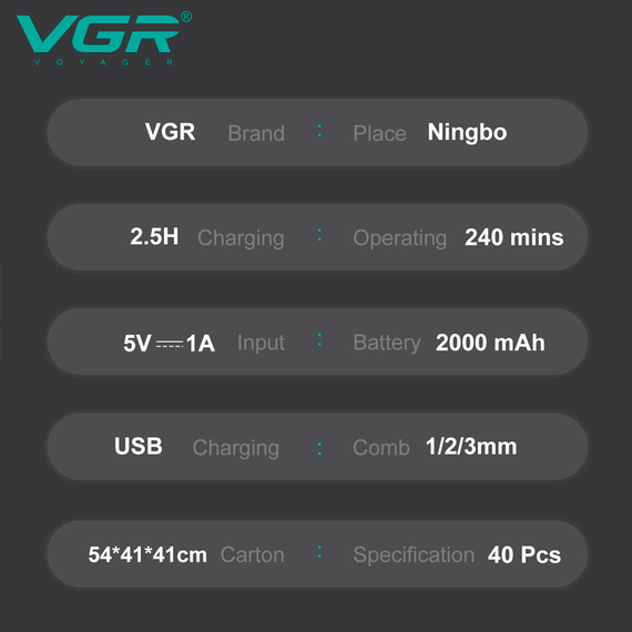 Тример акумуляторний VGR V-906, 3 насадки, керамічне лезо, TURBO режим 9000 RPM, LED дисплей | Зображення 1