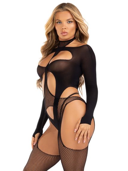 Бодістокінг 2 в 1 Leg Avenue Bodystocking with cutout teddy, One Size, чорний, панчохи-сітки і тедді | Зображення 3
