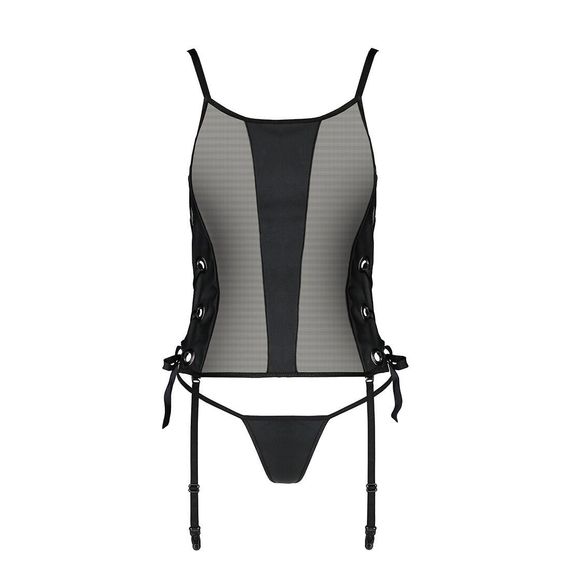 Сетчатый корсет из эко-кожи Passion Malwia Corset black S/M: с люверсами и съемными пажами | Зображення 4