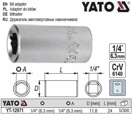 Переходник для насадок викруткових YATO Польща перехидник 1/4" HEX- 1/4" YT-12971