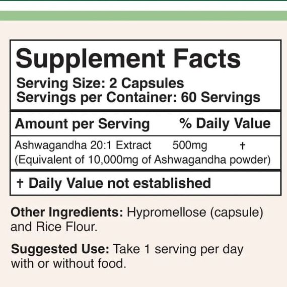 Ашваганда Double Wood Ashwagandha 20:1 Extract 500 mg (2 caps per serving) 120 Caps | Зображення 1